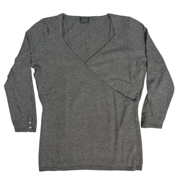 Ann Taylor Petite Small Metallic Gray Knit Wrap Sweater Button Cuff - Picture 2 of 6